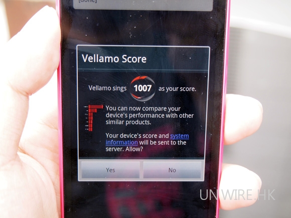 Vellamo Mobile Web Benchmark 軟件測試分數：1,007 分，單核心機款它可說是機王中的機王！ ... ...