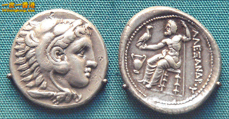 Silver coin of Alexander wearing the lion scalp of Herakles, British Museum..jpg