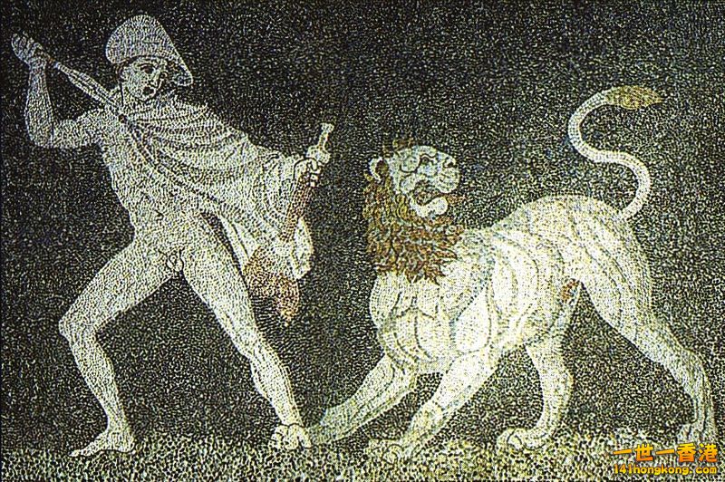亞歷山大正在與他的朋友克拉特魯斯一起和一頭獅子拚鬥〈此為局部圖片〉。.jpg.jpg
