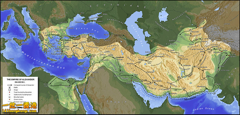 亞歷山大的帝國和其征服路徑.jpg