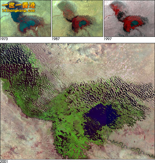 2001年乍得湖的衛星影像。頂部顯示該湖泊從1973年至1997年的轉變。.jpg.jpg