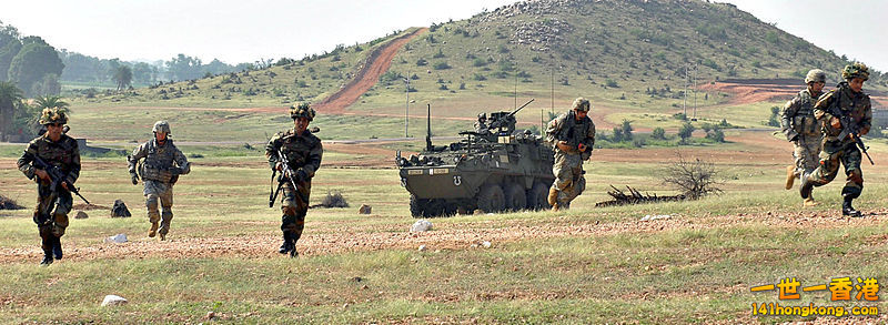 U.S. Army and Indian Army troops with Stryker IFV during a bilateral training exercise.jpg