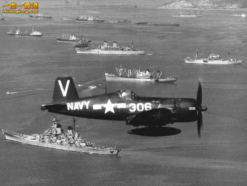 A Vought F4U-4B Corsair of Fighter Squadron 113 (VF-113) flies over U.N. ships o.jpg