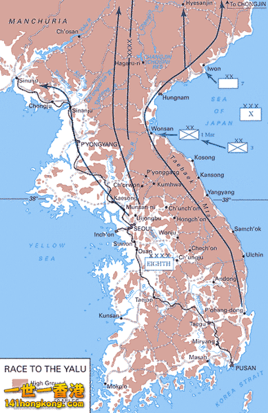 Map of UN advances toward the Yalu River..gif