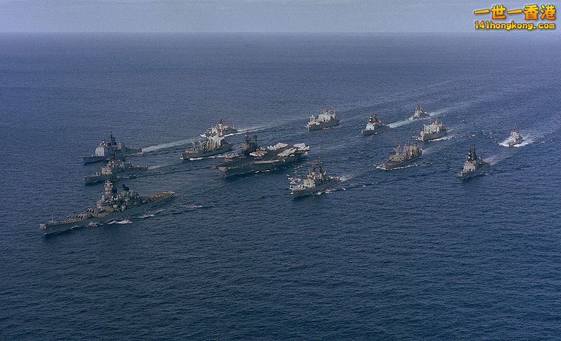 The battleship Iowa and the aircraft carrier Midway with escorting and supply sh.jpg