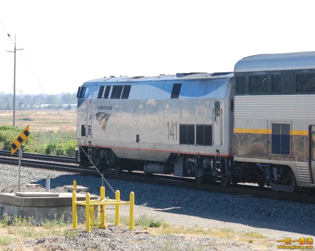 Amtrak # 141, a GE P42DC, runs at speed along the Richmond, CA shoreline.jpg