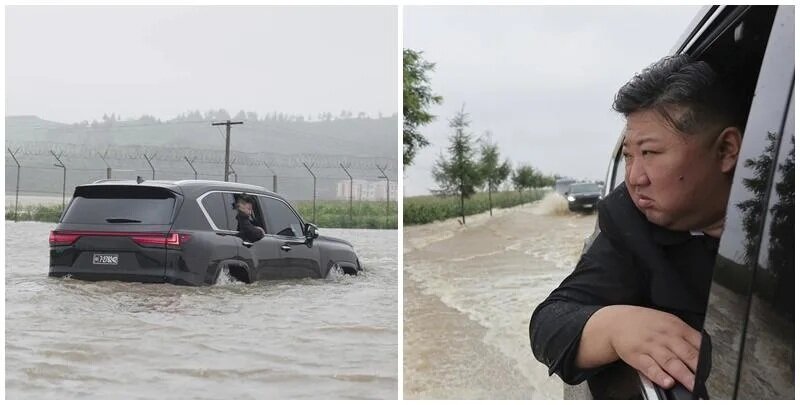 金正恩乘坐座駕亦被洪水圍困，水深至車胎。(朝中社).jpg