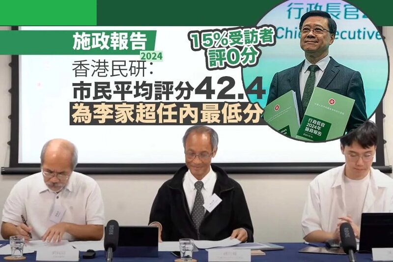 施政報告 2024｜ 香港民研：市民平均評 42.4 分 為李家超任內最低分.jpg