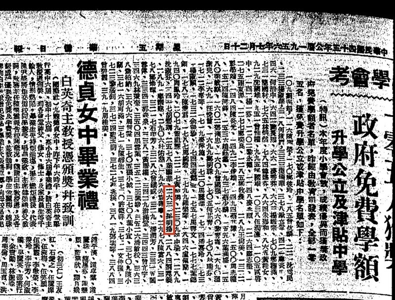 2　孫明揚在 1956 年香港小學會考取得優異成績，獲政府贈予免費學額升讀中學。（1956 .jpg