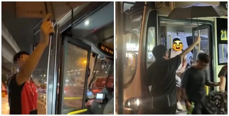 有巴士乘客乘搭九巴219X線時，遇到一名男車長下車舉起雨傘，為上下車乘客遮風擋雨。fa.jpg