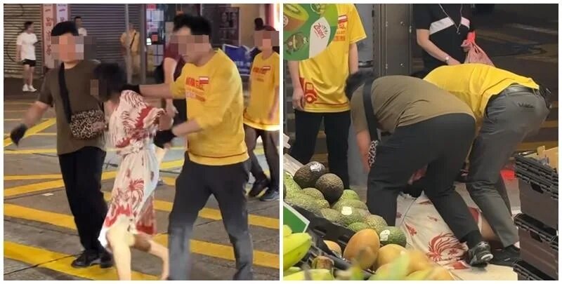 職員與身穿連身裙的超市高買赤腳女疑犯，在店舖對面路邊拉扯。女疑犯遭一名男職員與一.jpg